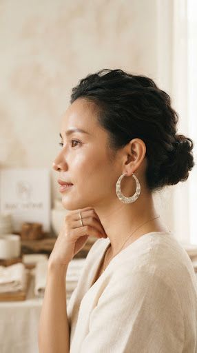 Người phụ nữ đeo bông tai bạc thủ công dáng tròn
